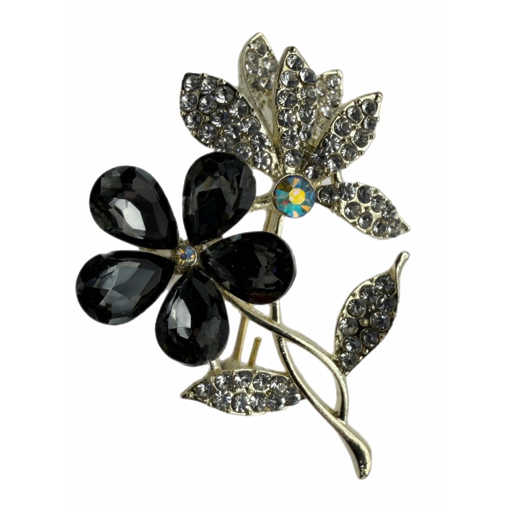 Vintage Style Silver Tone Grey and Clear Rhinestone Double Flower Brooch Pin